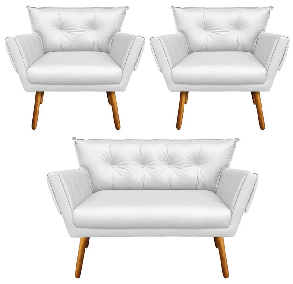 Kit 01 Namoradeira e 02 Poltronas Anitta Corino Pés Palito Castanho D03 - D'Rossi - Branco