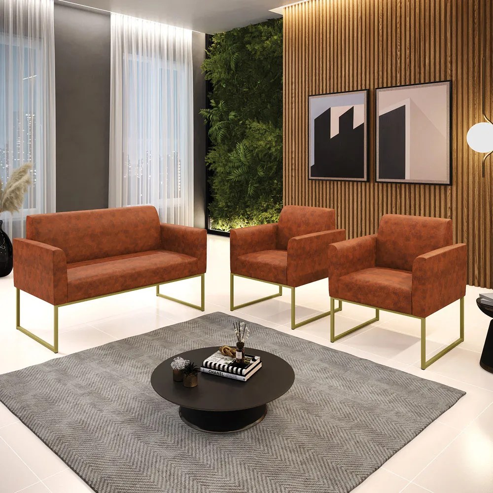 Sofá Namoradeira com 2 Poltronas Base Industrial Dourado Marisa Corano D03 - D'Rossi - Nozes