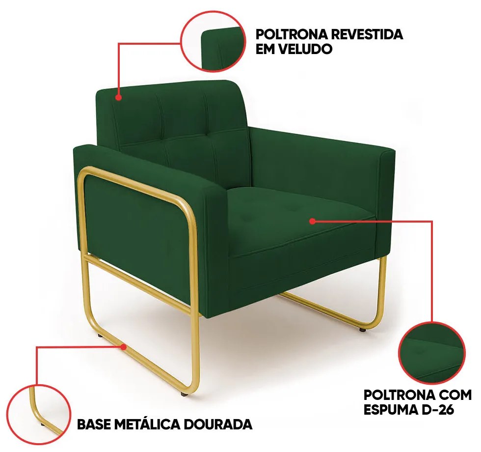 Poltrona Sala Industrial Alta Tubo Dourado Elisa Veludo D03 - D'Rossi - Verde