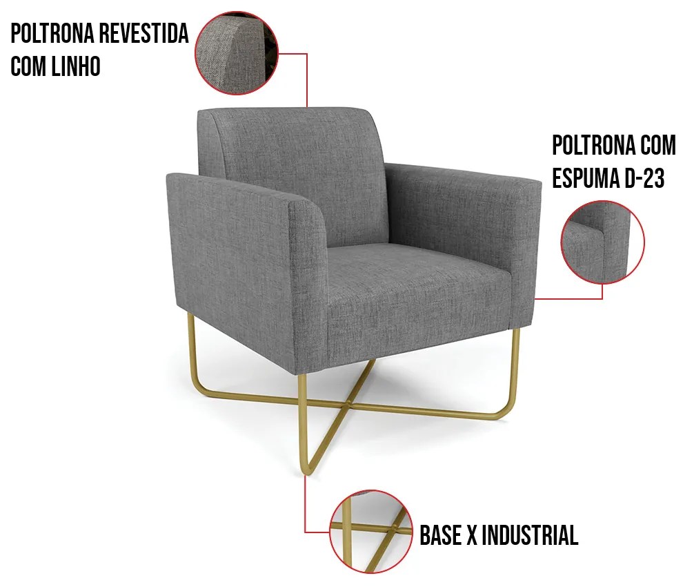 Kit 2 Poltronas Base X Industrial Dourado Marisa Linho - A26 Grafite