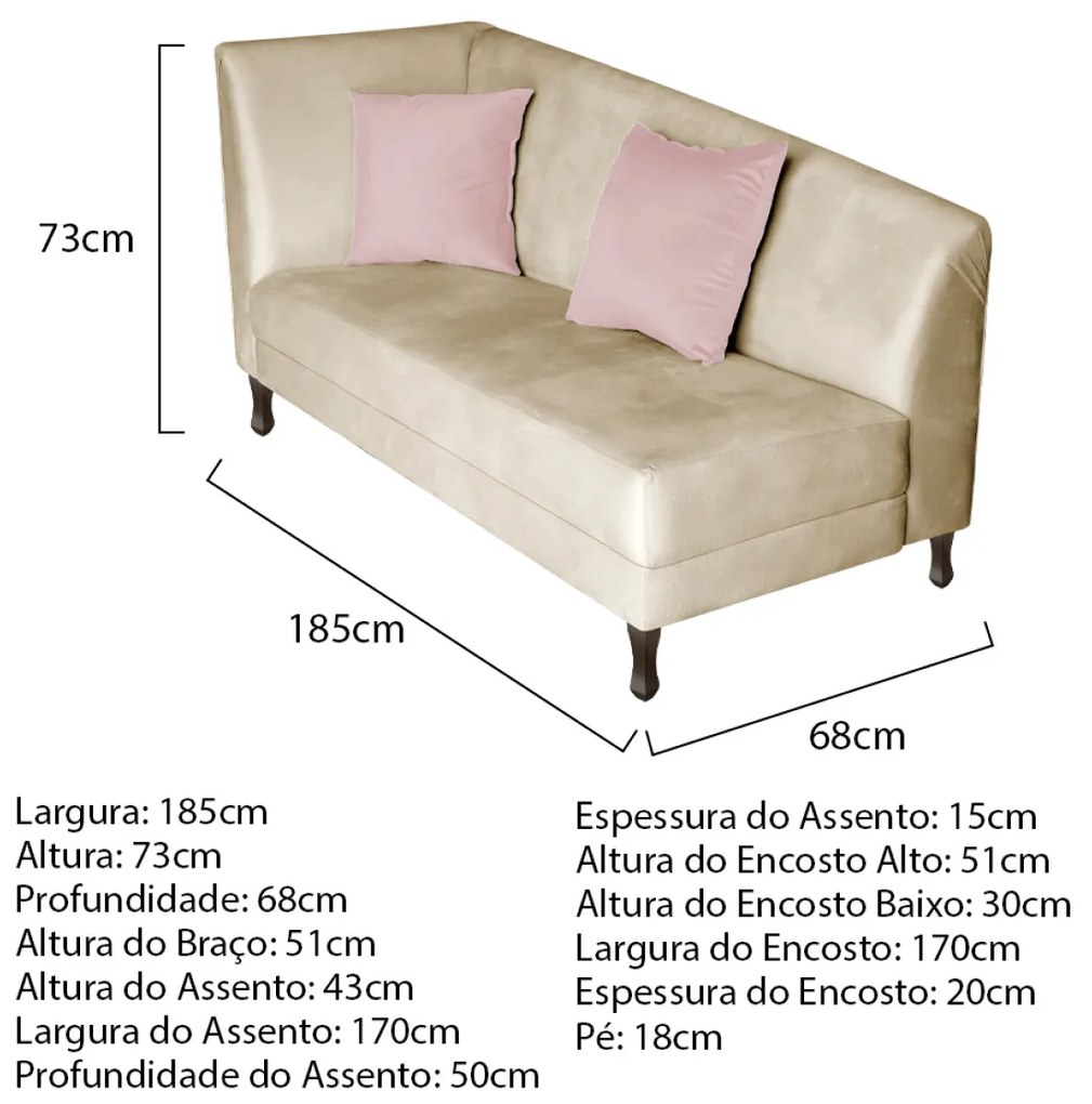 Recamier Heitor 185cm com Almofada Lado Direito Sintético