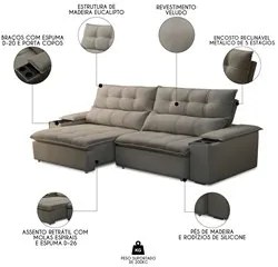 Sofá Retrátil 3 Lugares com Porta Copo 230cm Malta F05 Veludo Marrom -