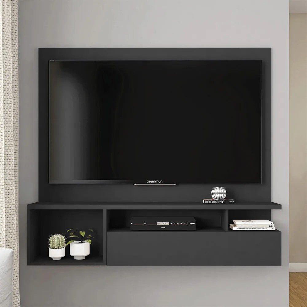Painel Luci Nichos Decorativos 136cm para TV até 55 com Porta Basculante MDP Preto G11 - Gran Belo
