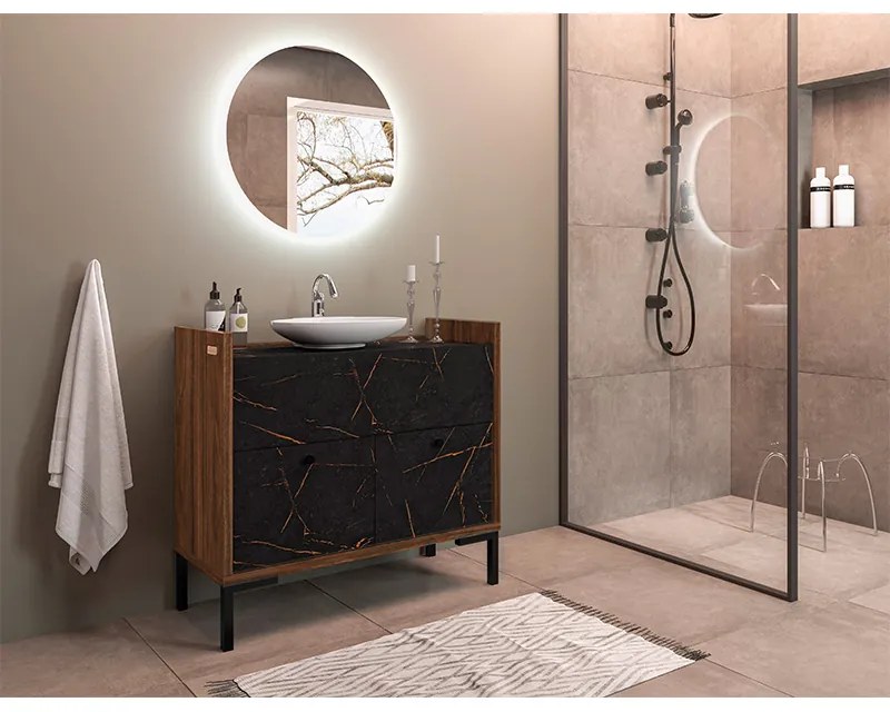 Balcão Gabinete de Banheiro Rubi 90cm com Pés de Ferro Imbuia/Preto - Vizzato - Preto
