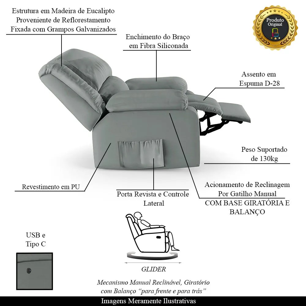 Poltrona do Papai Reclinável Sala de Cinema Madrid Glider Manual Giratória USB PU Cinza  G23