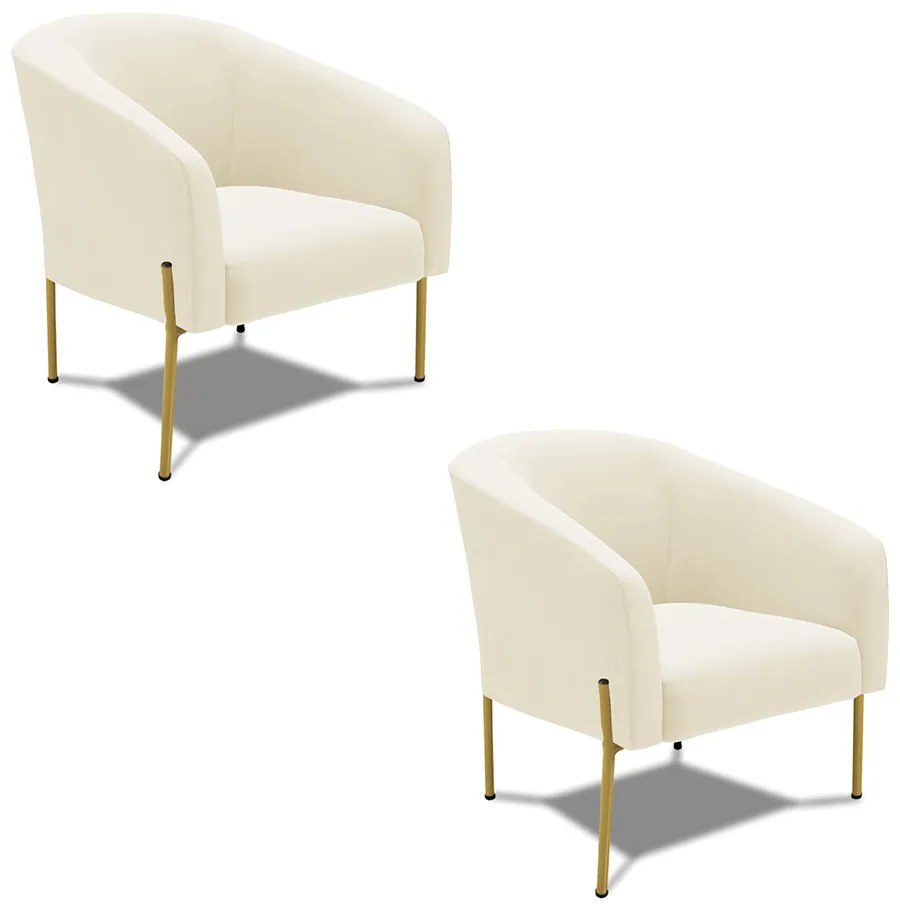 Poltrona Decorativa Pé de Ferro Dourado Kit 2 Stella Cotelê Ext/Veludo D03 - D'Rossi - Off White