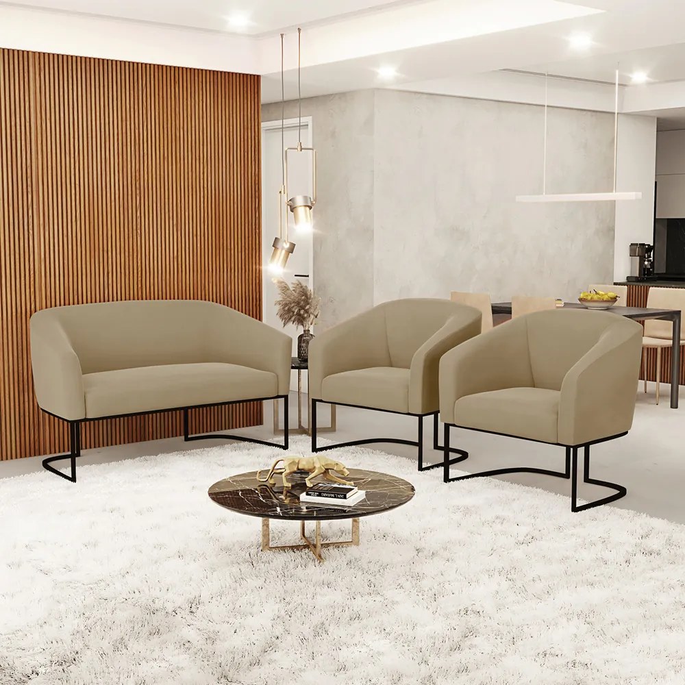 Namoradeira e 2 Poltronas Industrial Preto Stella Suede D03 - D'Rossi - Marrom Rato