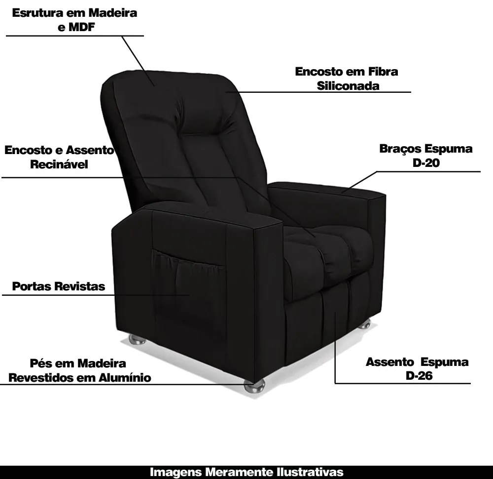 Poltrona do Papai Reclinável Pequim PU Preto G23 - Gran Belo