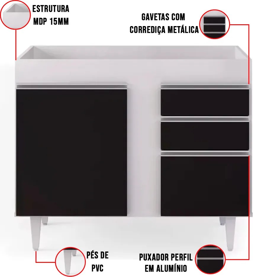Balcão de Cozinha Lavanderia sem Tampo 02 Gavetas Bia 100 cm L06 - D'Rossi - Branco e Preto