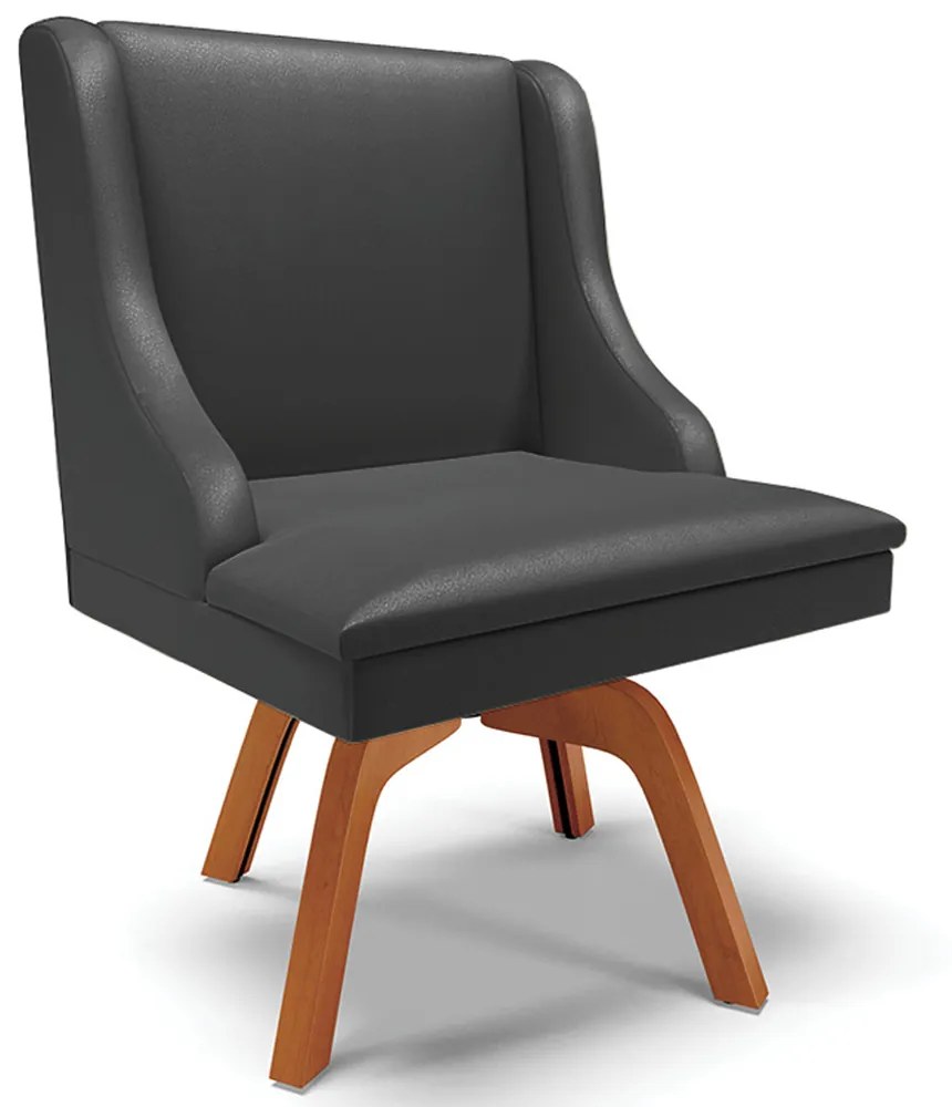 Poltrona Decorativa Base Giratória de Madeira Firenze PU Preto Fosco/Natural G19 - Gran Belo