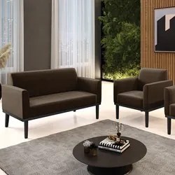 Sofá Namoradeira e 1 Poltrona Base Madeira Preto Maressa Suede Marrom