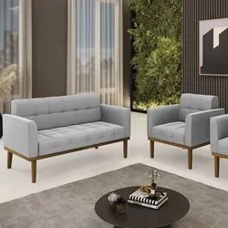 Sofá Namoradeira e 1 Poltrona Base Madeira Castanho Ana Suede Cinza -