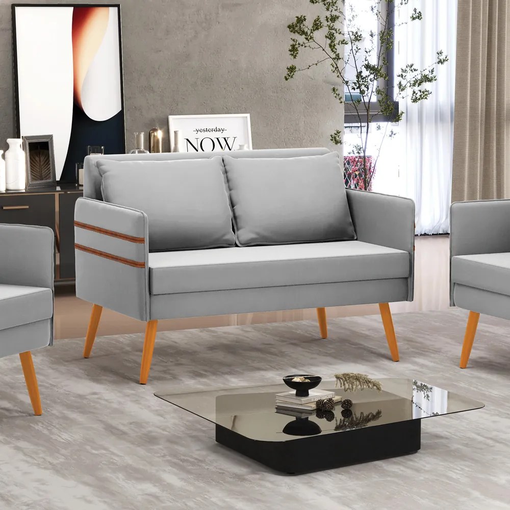Namoradeira 02 Lugares Mari Suede Pés Palito Castanho - D'Rossi - Cinza