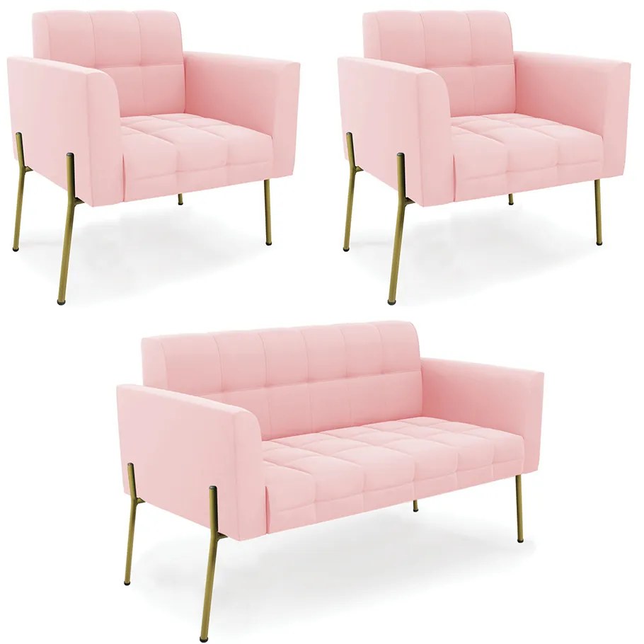 Sofá Namoradeira e 2 Poltronas Pé de Ferro Dourado Elisa Suede D03 - D'Rossi - Rosa Bebê