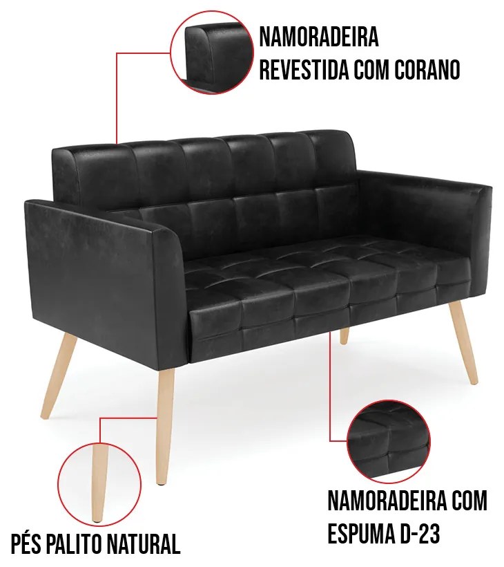 Kit 1 Sofá Namoradeira e 1 Poltrona Elisa Corano Preto Pés Palito Natural D03 - D'Rossi
