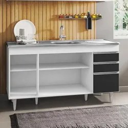 Balcão Gabinete com Pia Inox 150cm 4 Portas 2 Gavetas Marrocos Branco/