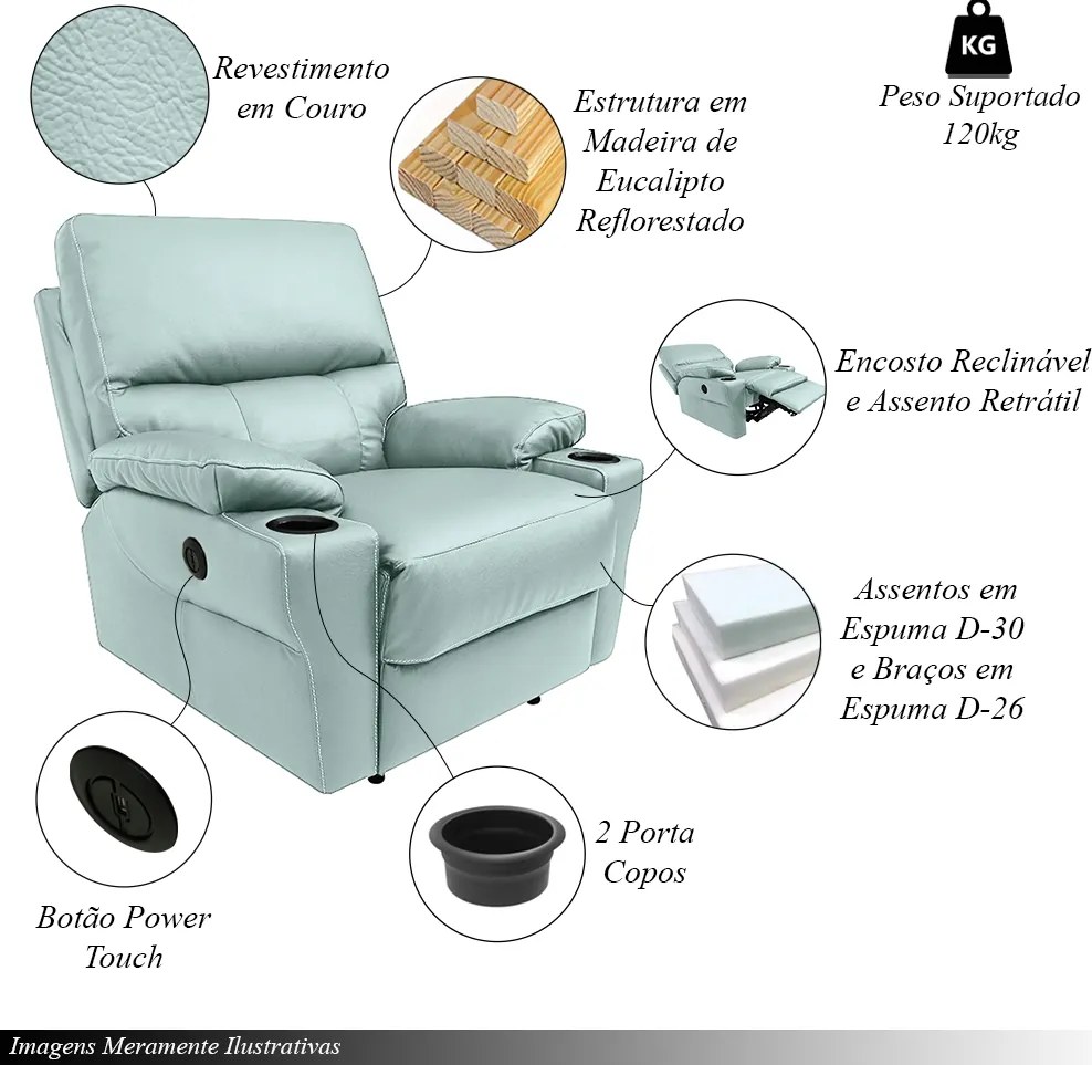 Poltrona do Papai Sala de Cinema Mia Reclinável Retrátil Power Elétrico Base Fixa Couro Azul Claro G40 - Gran Belo