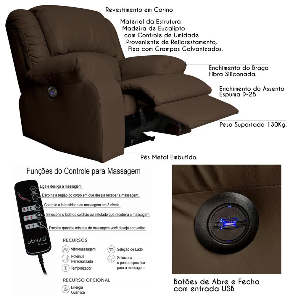 Poltrona do Papai Reclinável Elétrica com Massagem e USB Magnum PU Sintético Marrom Fosco G23 - Gran Belo
