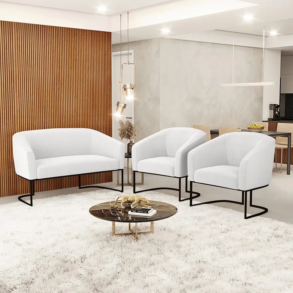 Namoradeira e 2 Poltronas Industrial Preto Stella Bouclê D03 - D'Rossi - Off White
