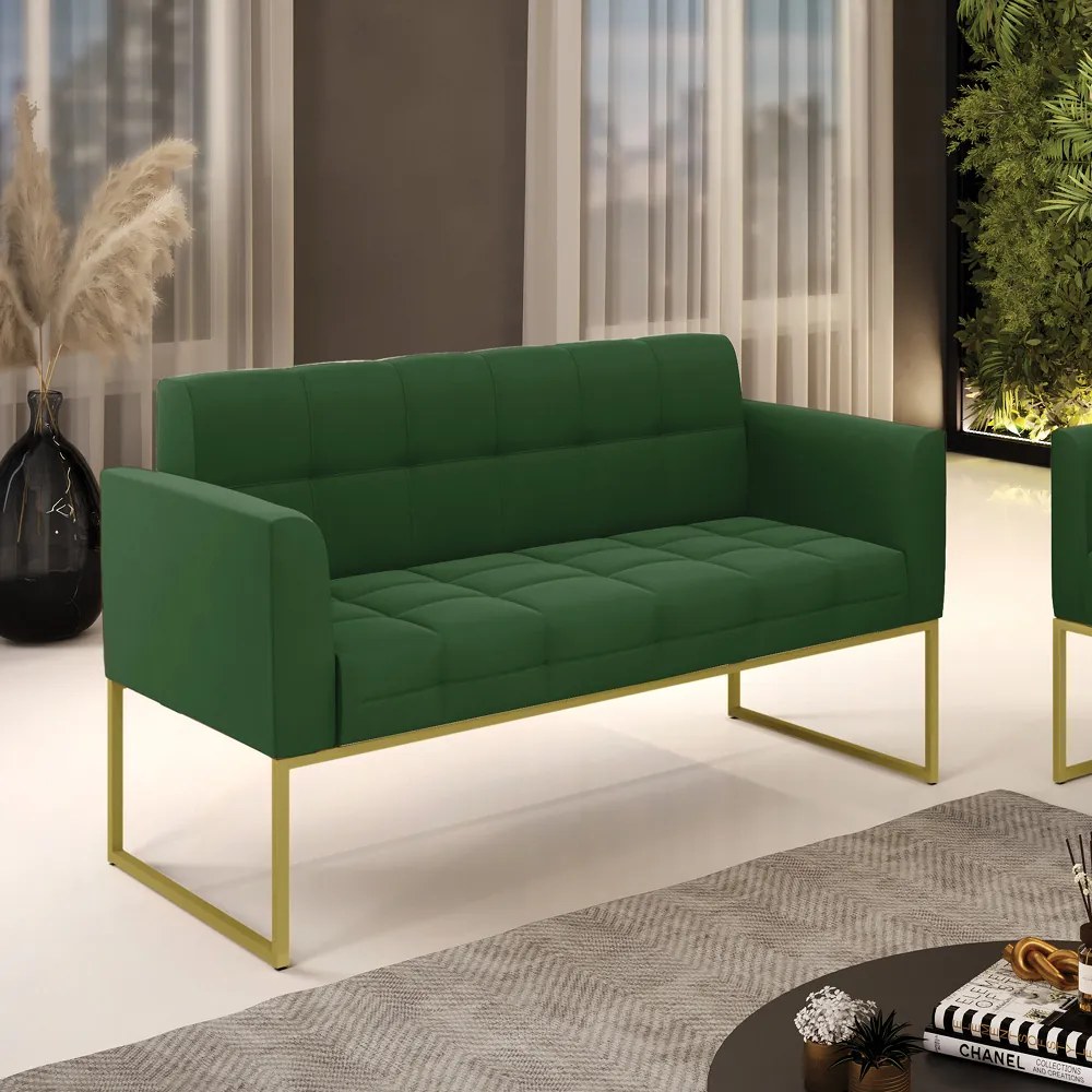 Sofá Namoradeira Elisa Suede Verde Base Metálica Industrial Dourado - D'Rossi