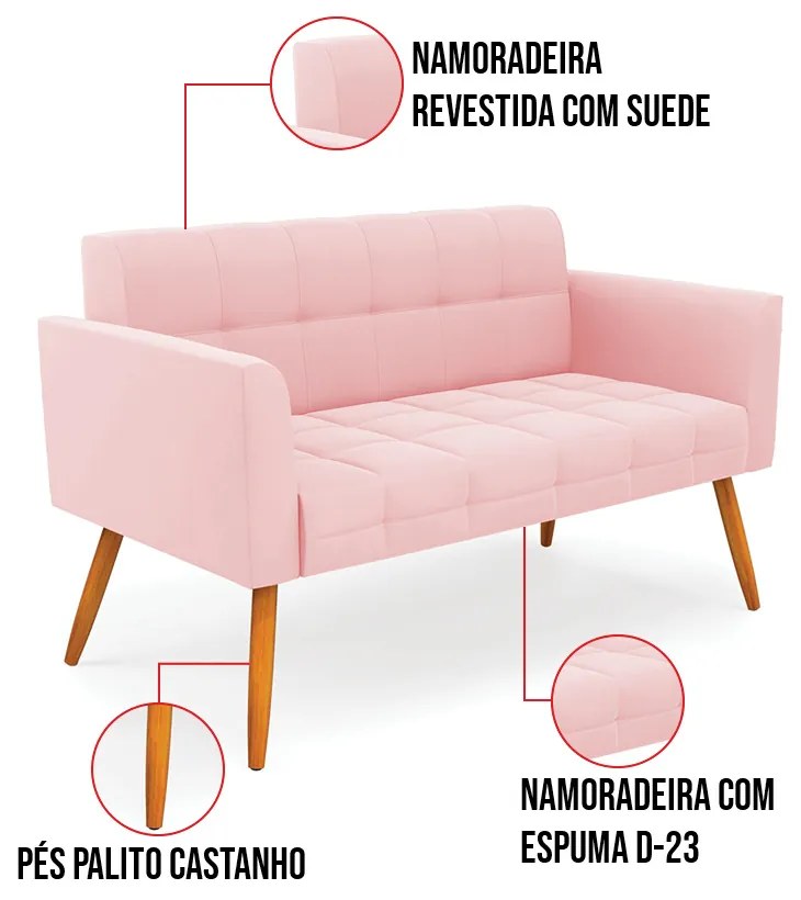 Kit 1 Sofá Namoradeira e 2 Poltronas Elisa Suede Pés Palito Castanho D03 - D'Rossi - Rosa Bebê