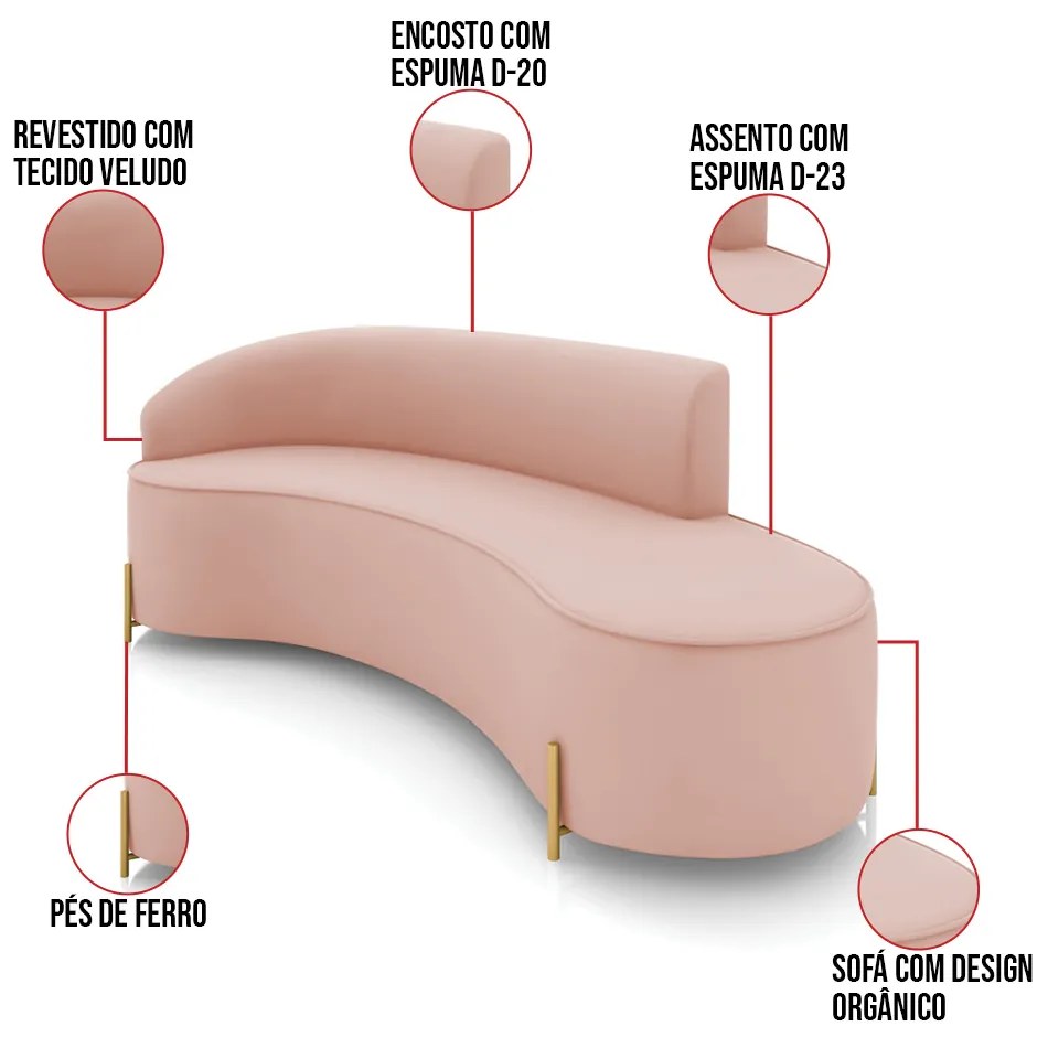 Sofá 4 Lugares Orgânico 220cm Pé Dourado Morgan Veludo D03 - D'Rossi - Rose