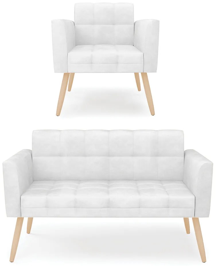 Kit 1 Sofá Namoradeira e 1 Poltrona Elisa Corano Pés Palito Natural D03 - D'Rossi - Branco