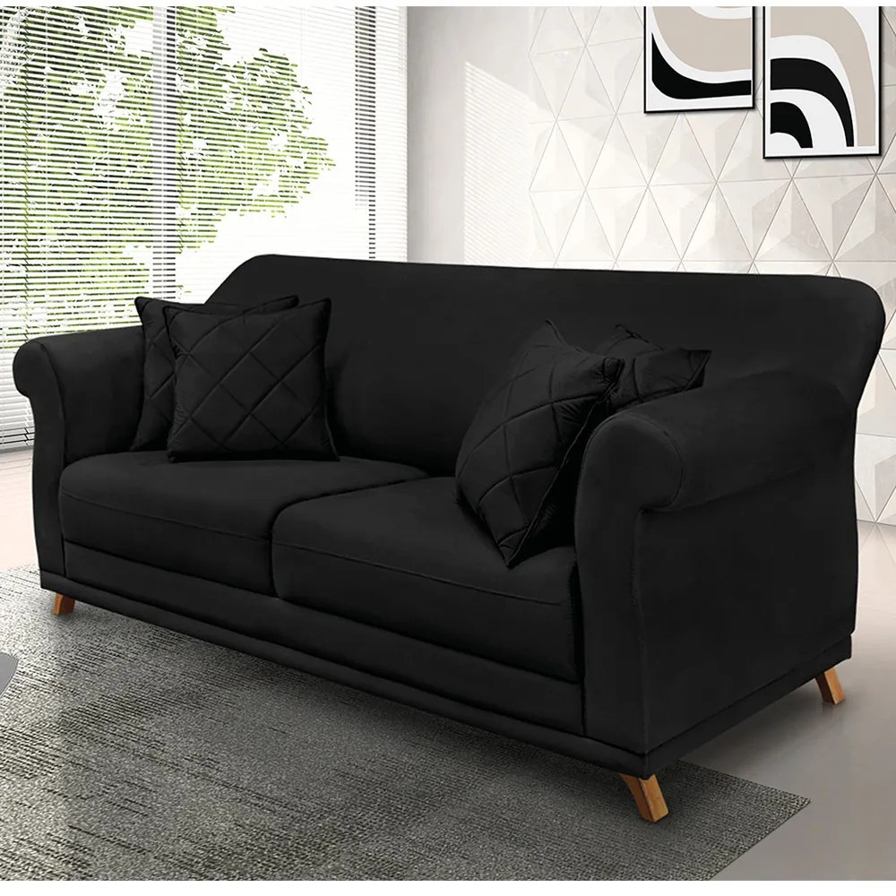 Sofá 2 Lugares Pé de Madeira Julieta 160 cm Suede S04 - D'Rossi - Preto