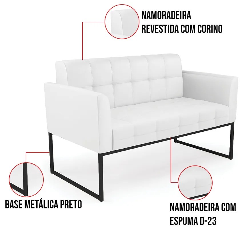 Kit 1 Sofá Namoradeira e 1 Poltrona Elisa Corino Branco Base Metálica Industrial Preto D03 - D'Rossi