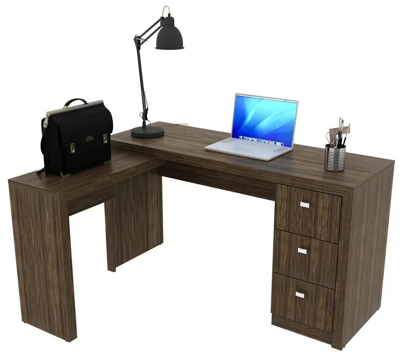 Escrivaninha Canto Escritório Home Office 3 Gavetas Nogal