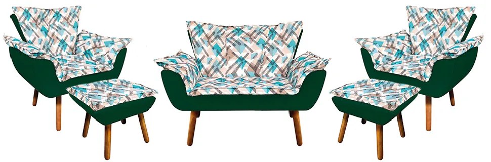 Kit 01 Namoradeira com 02 Poltronas e 02 Puffs Opala Composê Suede com Estampado Traçado Azul D33 Pés Palito Castanho - Verde