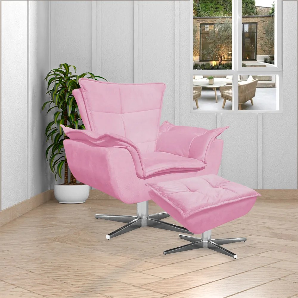 Puff Decorativo Base Giratória Cromada Charger Suede Rosa G19 - Gran Belo