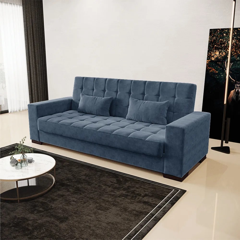 Sofá Cama Casal 3 Lugares 210cm Lisboa Suede Azul Marinho  D03 - D'Rossi