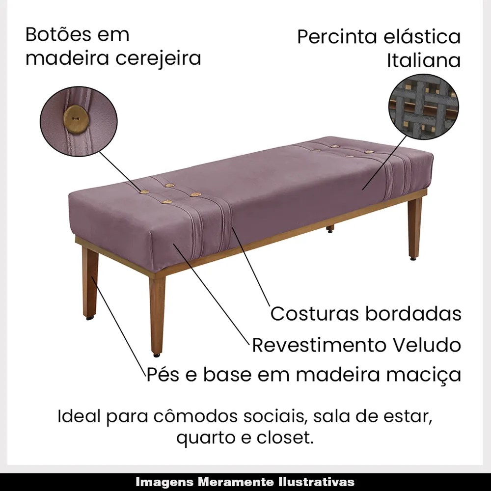Recamier Decorativo 90cm Kors Veludo Pés de Madeira Uva G63 - Gran Belo
