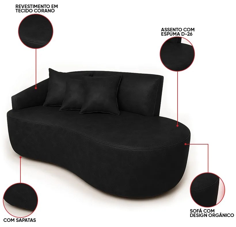 Sofá 2 Lugares Orgânico 140 cm Morgan Sintético PU D03 - D'Rossi  - Preto