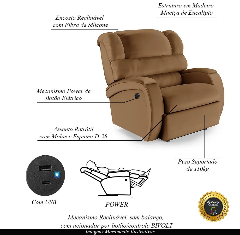 Poltrona do Papai Sala de Cinema Reclinável Kylie Power Elétrica USB PU Caramelo G23
