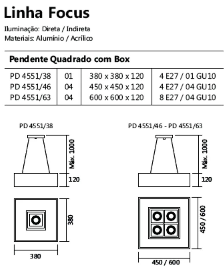 Pendente Quadrado Focus C/ 04 Box 8L E27 / 4L Gu10 60X60X12Cm | Usina... (OC-M Ocre Metálico)
