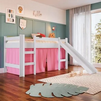 Cama Infantil Elevada com Escorregador Branco e Cortina Rosa Completa Móveis