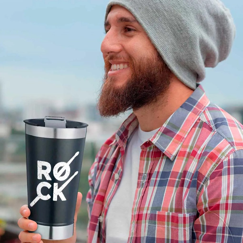Copo Térmico Rock Baquetas Preto Com Tampa e Abridor Chopp