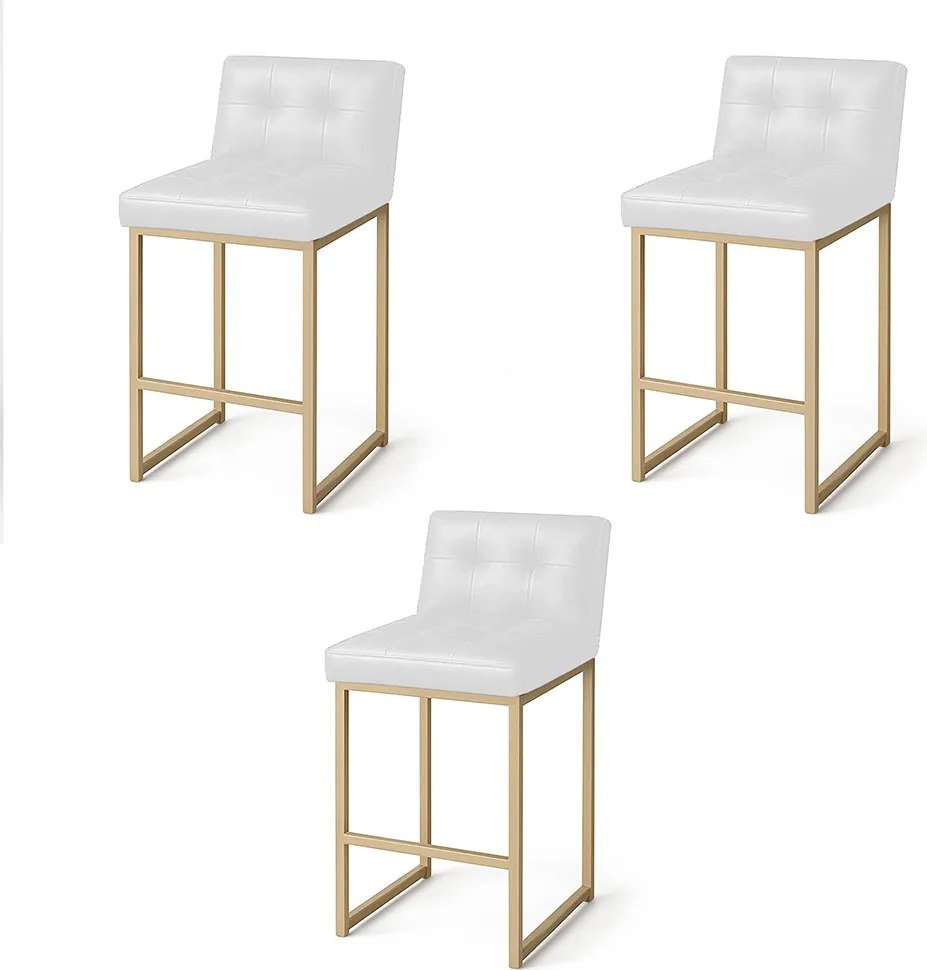 Banqueta Cozinha Alta com Encosto Industrial Kit 3 Champanhe Lirina PU C05 - D'Rossi - Branco