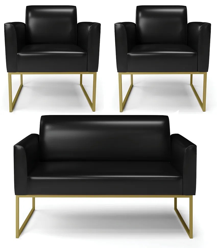 Sofá Namoradeira com 2 Poltronas Base Industrial Dourado Marisa Corano D03 - DRossi - Preto
