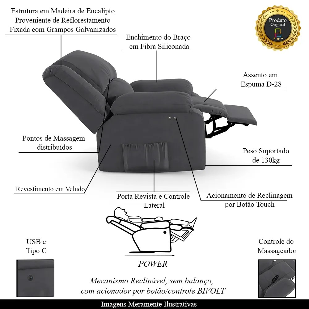 Poltrona do Papai Reclinável Sala de Cinema Madrid Power Touch Massagem USB Veludo Cinza Grafite G23
