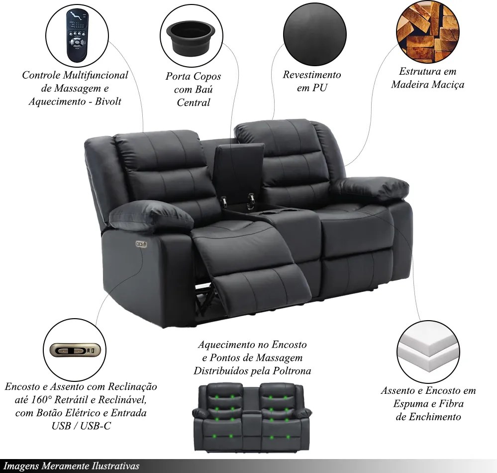 Conjunto Sofás 2 e 3 Lugares Elétricas Sala de Cinema Hollywood com Massagem Aquecimento Entrada USB/USB-C PU Preto G94 - Gran Belo