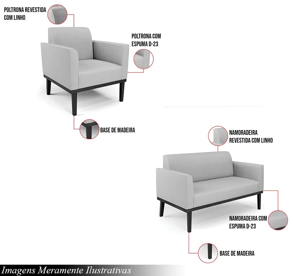Conjunto Poltrona e Namoradeira Decorativa Isabella Pés Fixo em Madeira Preto Linho Cinza G19 - Gran Belo