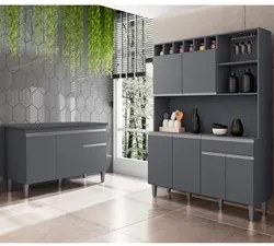 Cozinha Compacta Alice e Balcão Gabinete Com Tampo Tatiane 120cm Cinza