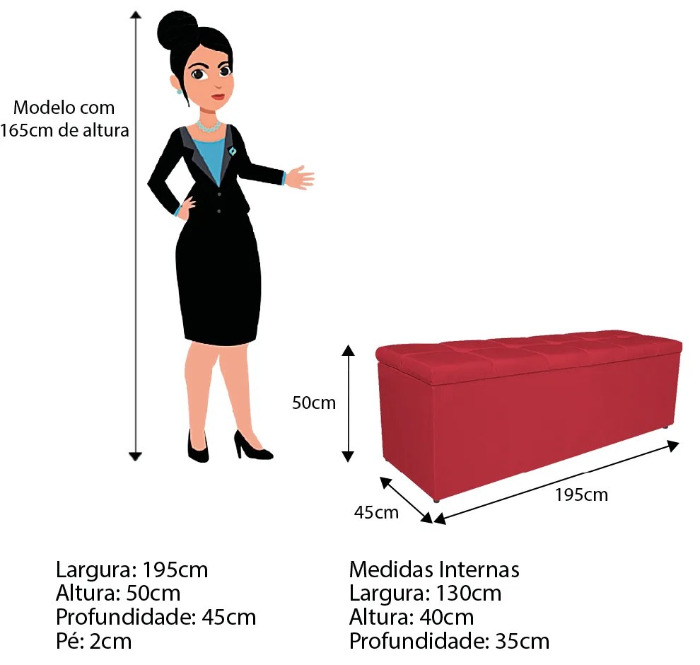 Calçadeira Estofada Manchester 195 cm King Size Suede Vermelho - ADJ Decor