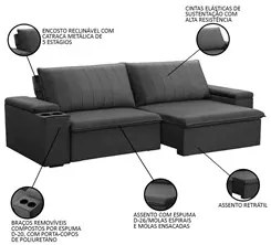 Sofá Retrátil Reclinável 3 Lugares 245cm Baluart F05 Veludo Grafite -