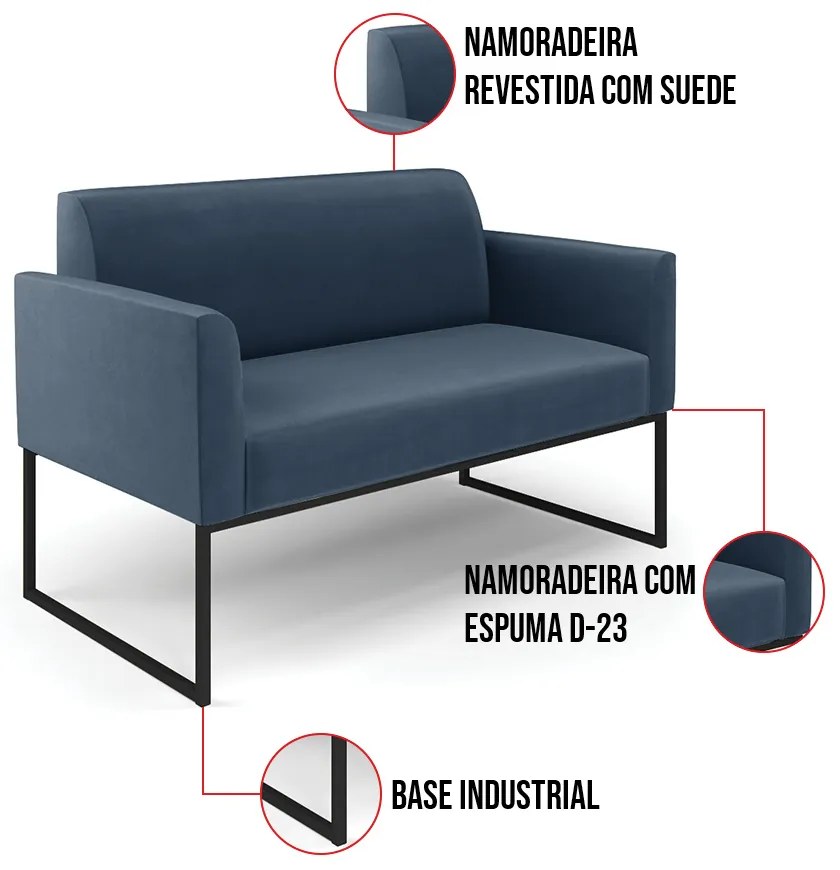 Sofá Namoradeira Base Industrial Preto Marisa Suede Azul Marinho