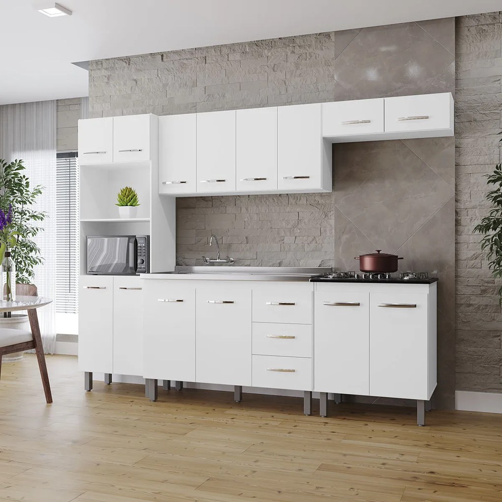 Cozinha Íris Completa com Balcão Rosa e Cooktop 4 Bocas MB1 300cm