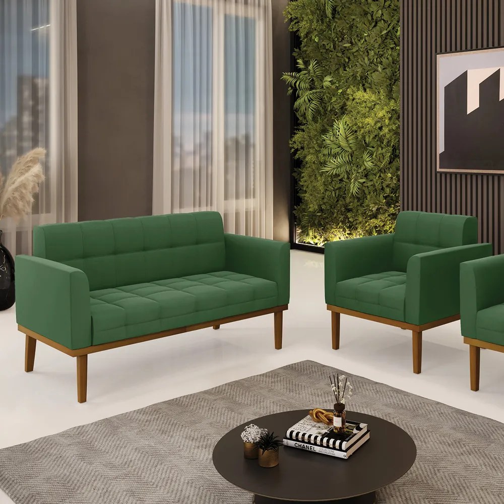 Namoradeira com Poltrona Base de Madeira Castanho Elisa Suede D03 - D'Rossi - Verde